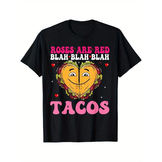 Roses Are Red Blah Tacos Men T-Shirts, Funny Valentine'S Day Novelty Graphic Printed Tee, Short Sleeve Valentine'S Day Couple T-Shirt for Men Boyfriend Husband 100% Cotton made in usa
