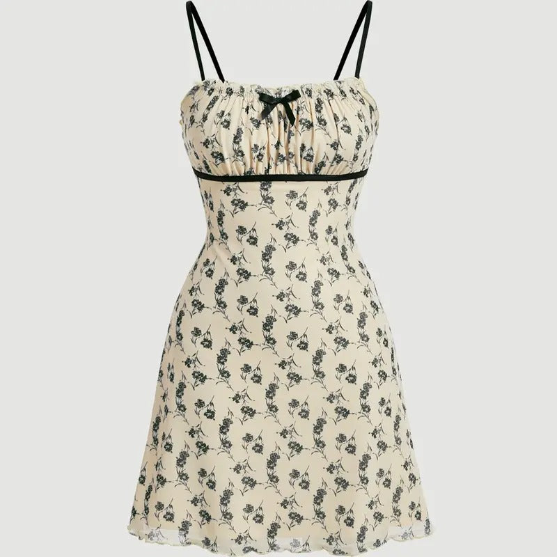 Ruched Bust Bow Knot Floral Print Mesh Short Cami Dress T-Shirts, Hoodie, Sweatshirt | DripVista.com