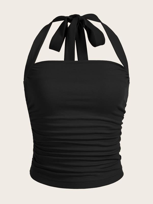 Ruched Halter Y2K Crop Tops Tie Back Sleeveless Slim Fit Cami Tops T-Shirts, Hoodie, Sweatshirt | DripVista.com