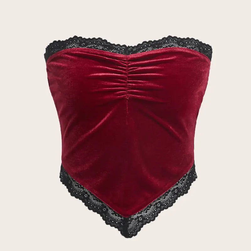 Ruched Lace Trim Strapless Asymmetrical Hem Velvet Bandana Crop Tube Top T-Shirts, Hoodie, Sweatshirt | DripVista.com