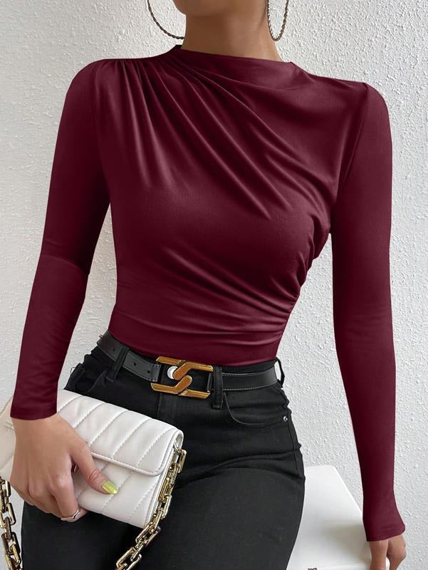 Ruched Long Sleeve T-Shirts Mock Neck Slim Fitted Tee Shirt Tops Hoodie, Sweatshirt | DripVista.com