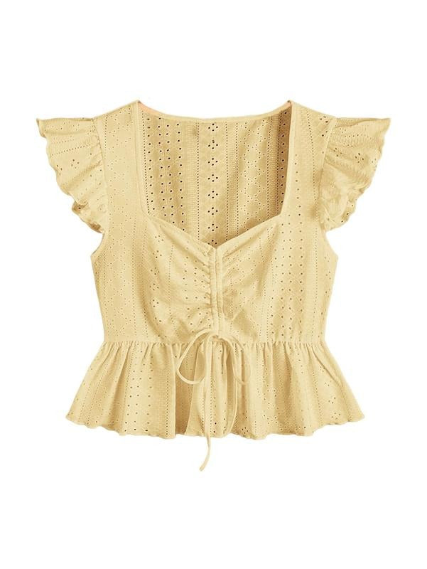 Ruffle Hem Cap Sleeve Shirts Sweetheart Neck Peplum Blouse Top Hoodie, Sweatshirt | DripVista.com