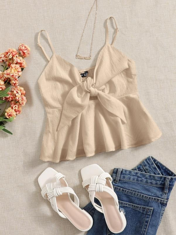 Ruffle Tie Knot Front Cami Peplum Top Strappy V Neck Smocked CamisoleY2K T-Shirts, Hoodie, Sweatshirt | DripVista.com