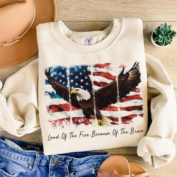 [SALE UP TO 60%] American Flag Eagle T-Shirt Sweatshirt, Memorial Day & 4th of July Graphic Tee, Land of the Free Shirt,...