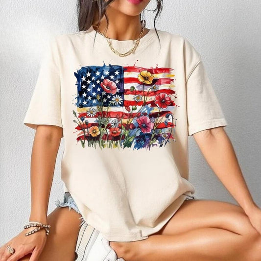 [SALE UP TO 60%] Boho 4th of July T-Shirt, Sweatshirt, Floral USA Flag Graphic, Poppy and Daisy Patriotic Shirt for Summer Americana Style