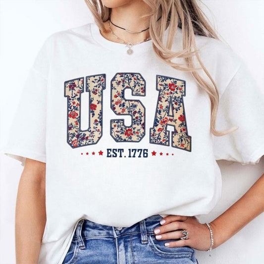 [SALE UP TO 60%] Floral USA T-Shirt, Sweatshirt, Retro Coquette Memorial Day Top, 4th of July Patriotic Graphic for Women, Cute Summer Outfit
