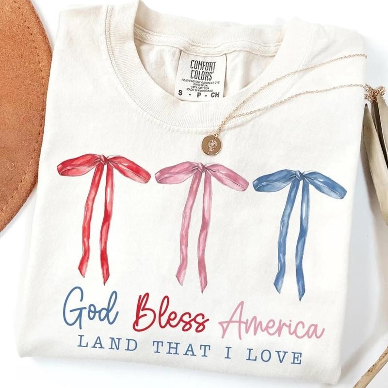 [SALE UP TO 60%] God Bless America T-Shirt, Sweatshirt, Coquette 4th of July Graphic, Patriotic USA Bows Design, Cute...