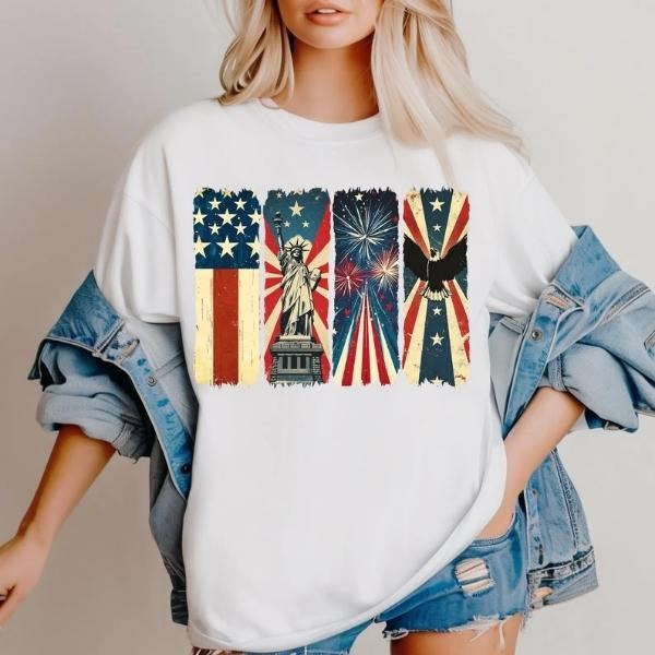 [SALE UP TO 60%] Memorial Day + 4th of July T-Shirt Sweatshirt, Retro America Graphic Tee, Statue of Liberty Floral...