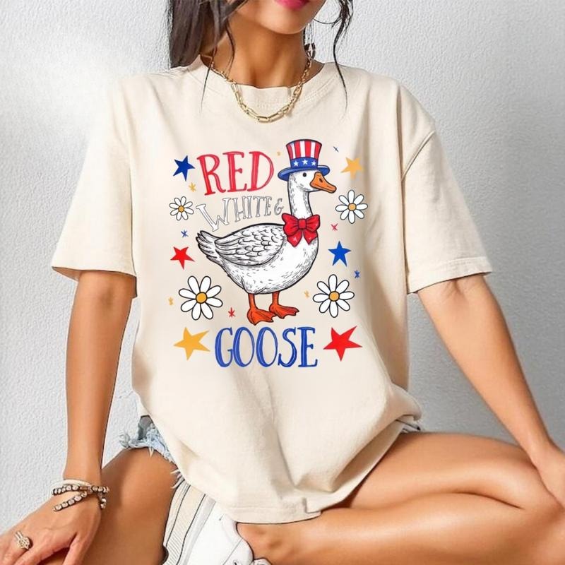 [SALE UP TO 60%] Red White and Goose T-Shirt, Sweatshirt, Funny 4th of July Shirt, Retro Boho Floral Patriotic USA...