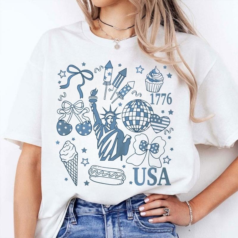 [SALE UP TO 60%] Retro America Coquette T-Shirt, Sweatshirt, Preppy 4th of July Graphic, Girly Memorial Day USA Shirt,...