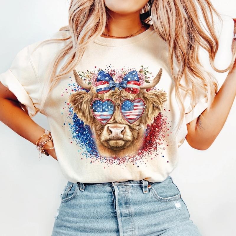 [SALE UP TO 60%] Western Highland Cow T-Shirt, Sweatshirt, 4th of July USA Graphic, American Flag Freedom Shirt for...