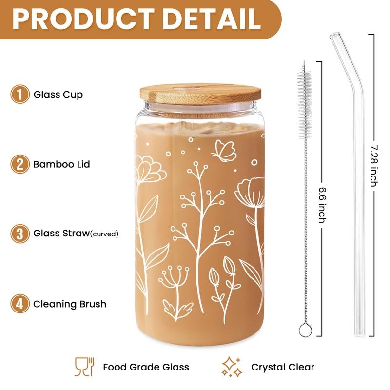 SANDJEST Floral Cup 16 Oz Can Glass with Bamboo Lid Gunpla brand Straw - Flower Glass Cup Gifts for Women - Wildflower Drinking FOG Glass Cup Gifts