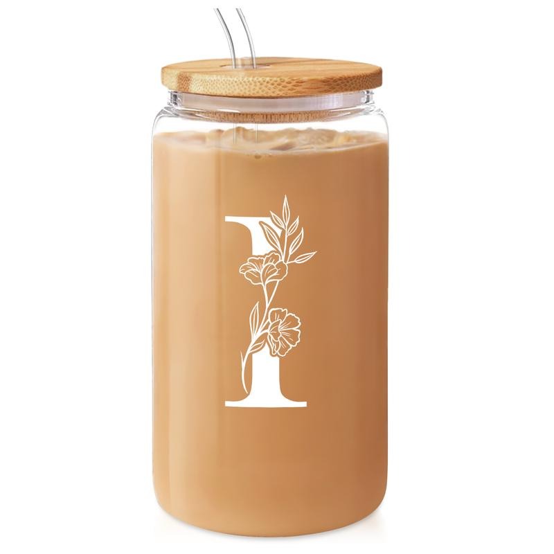 SANDJEST Monogrammed Gifts for Women - Monogram Swoosh Initial Glass Cup 16 Oz Can FOG Cups with Lid Gunpla brand Straw -...
