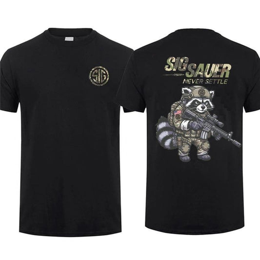 SIG SAUER Tactical Raccoon T-Shirt - Sweatshirt - Hoodie, Graphic Tee, Military Gun Enthusiast Tee, Camo Army Combat Shirt, Patriotic Men's Graphic Tees