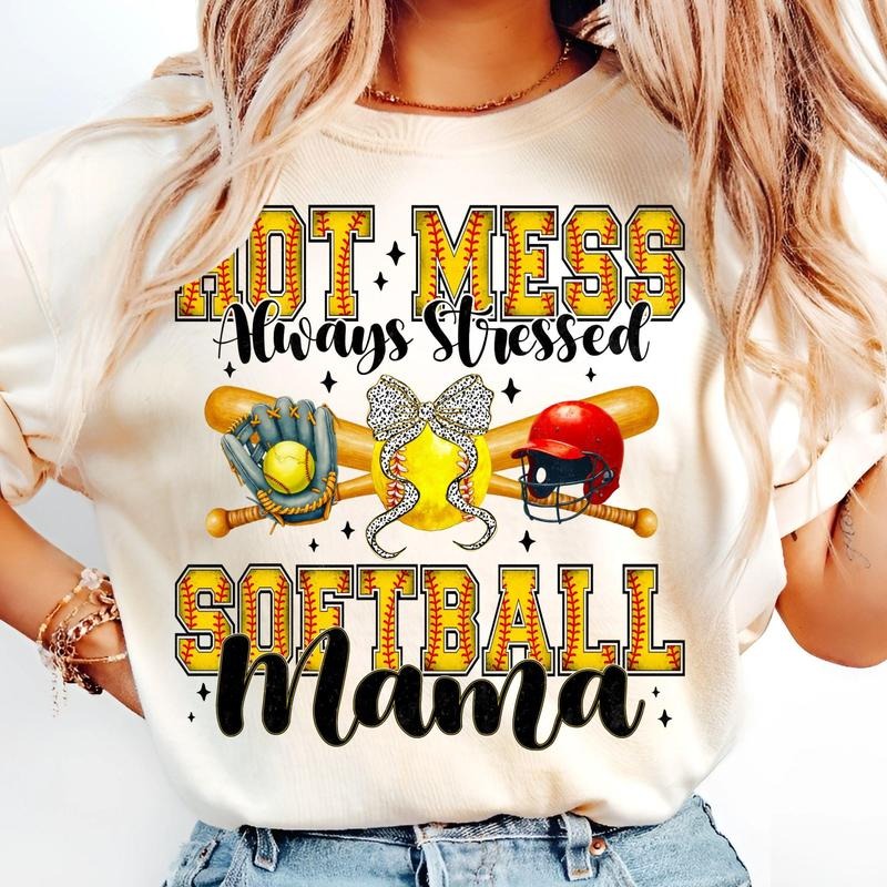 [Sale To 45% Off] Hot Mess Always Stressed Softball Mama T-Shirt, Trendy Game Day Sports T-Shirt, Softball Mom Bow T-Shirt, Funny Ballpark Cheer Art, Gift Ideas