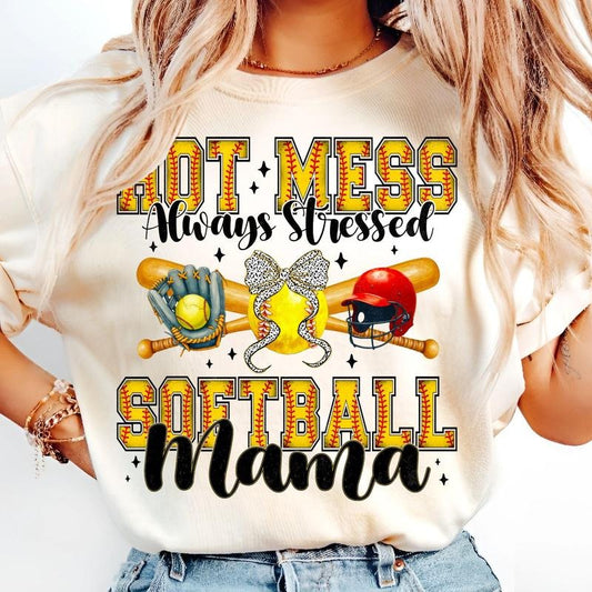 [Sale To 45% Off] Hot Mess Always Stressed Softball Mama T-Shirt, Trendy Game Day Sports T-Shirt, Softball Mom Bow T-Shirt, Funny Ballpark Cheer Art, Gift Ideas