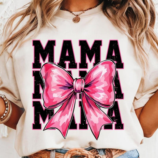 [Sale To 45% Off] Pink Mama Bow T-Shirt, Watercolor Mom, Distressed Grunge Mama T-Shirt, Trendy Mama Aesthetic Shirt Clothes Cotton
