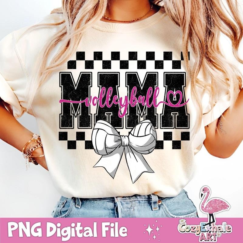 [Sale To 45% Off] Retro Checkered Volleyball Mama T-Shirt, Coquette Game Day Volleyball Mom Shirt, Trendy Volleyball Art, Varsity Mama T-Shirt