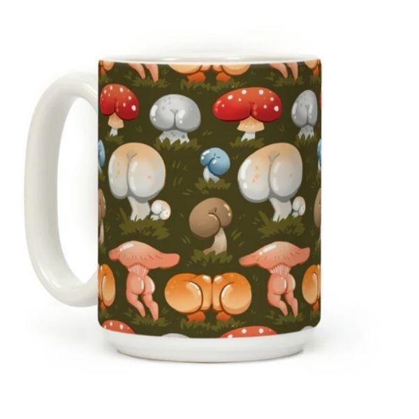 [Sale Up To 50%] Butt Mushroom Pattern Coffee Mug - 11 oz or 15 oz Ceramic Drinkware with Large Handles, Printed in the USA, Handy for Coffee and Tea - Reusable
