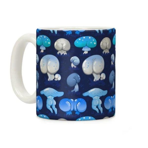 [Sale Up To 50%] Butt Mushroom Pattern blue Coffee Mug - 11 oz or 15 oz Ceramic Drinkware with Large Handles, Printed in the USA, Handy for Coffee and Tea - Reusable