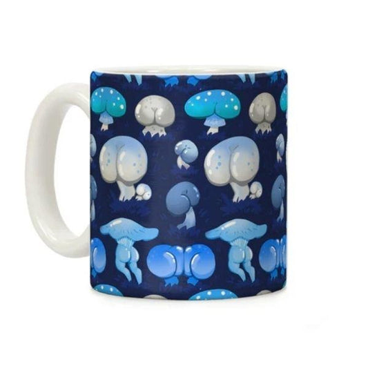 [Sale Up To 50%] Butt Mushroom Pattern blue Coffee Mug - 11 oz or 15 oz Ceramic Drinkware with Large Handles, Printed in the USA, Handy for Coffee and Tea - Reusable
