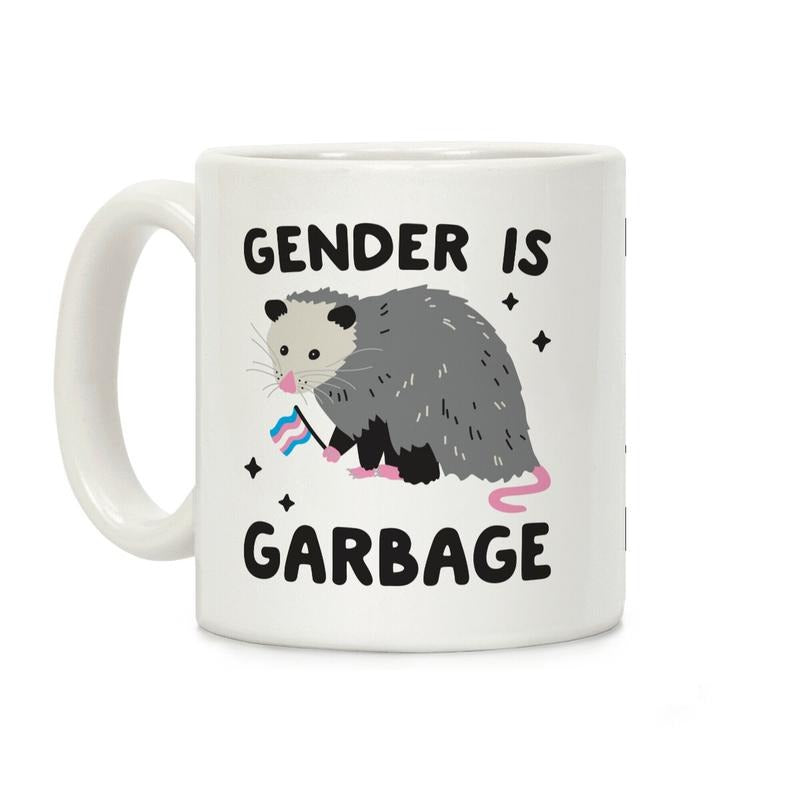 [Sale Up to 50% ] Gender Is Garbage Trans Opossum Coffee Mug,  11 oz or 15 oz Ceramic Drinkware with Large Handles, Printed in the USA