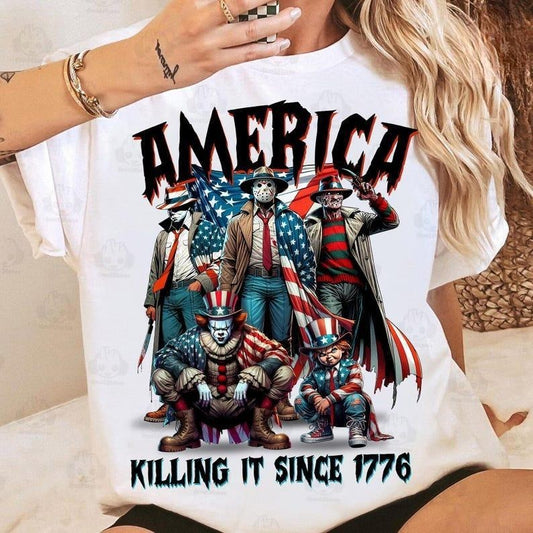 [Sale up to 30%] America Killing It Since 1776 T-Shirt, Horror Movie Fourth Of July ,Horror Independence Day, 4th of July America