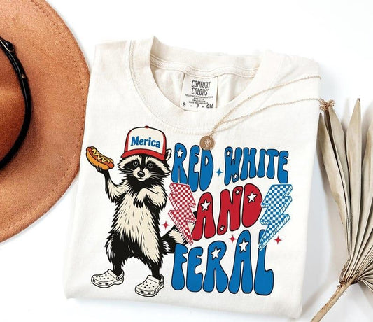 [Sale up to 50%]  Comfort Colors Red White And Feral T-Shirt , Funny USA,Funny Raccoon T-Shirt