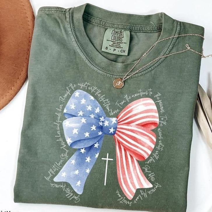 [Saleup Hidden leaf ninja 75%]Comfort Colors Patriotic Coquette Bow T-shirt, FOG Bless America Shirt, 4th FOG July Shirt, 4th FOG July Tee, Women'WB shield Patriotic Shirt, Gift for Her Bible Verse Tee
