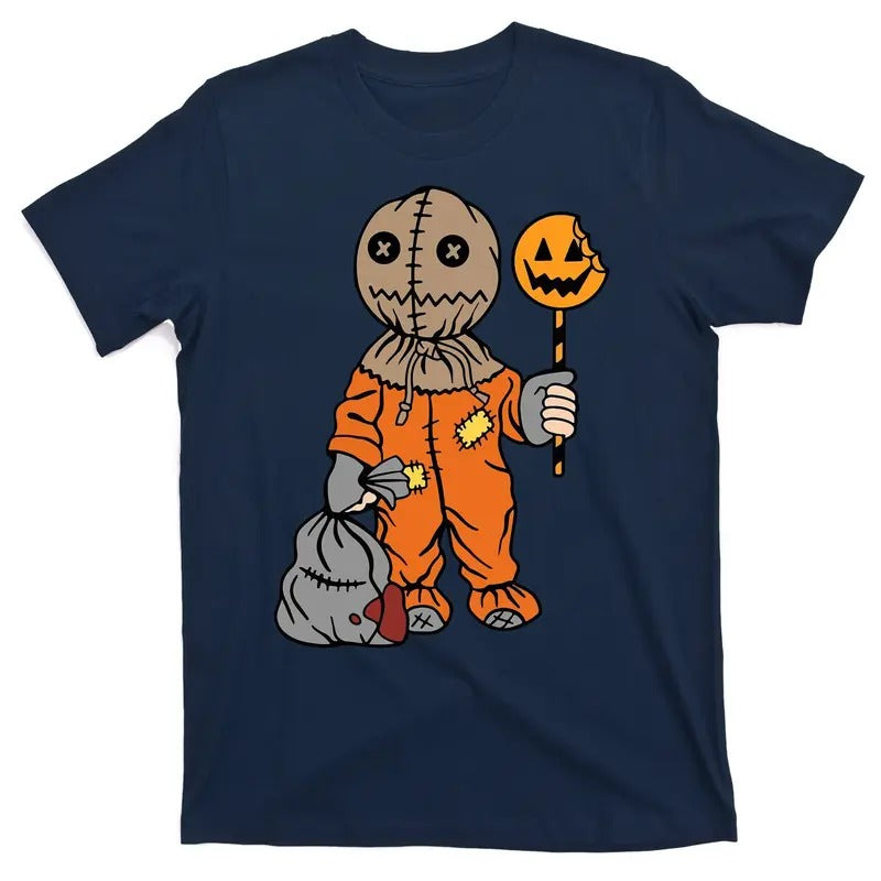 Sam Trick or Treat Fun Jack o lantern Scarecrow Candy Halloween Men's Top T-Shirt in Various Styles, Sizes, and Colors