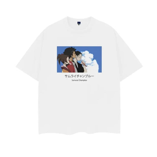 Samurai Champloo "Main Characters" Vintage Oversized Tee Anime T-shirt 100% Cotton Original Design Men's Top baggy compression clothes Casual Streetwear White Menswear Crewneck Tshirt Tropical Shortsleeve