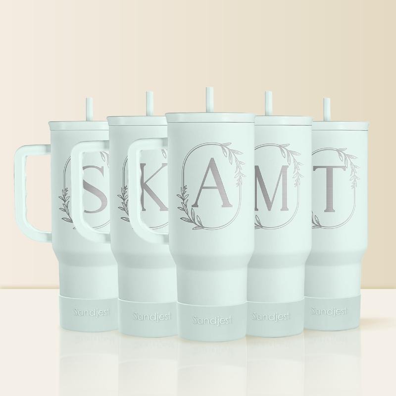 Sandjest Mint Personalized Initial 40oz Tumbler with Straw & Handle Stainless Steel Insulated Vacuum Cup, Home School...
