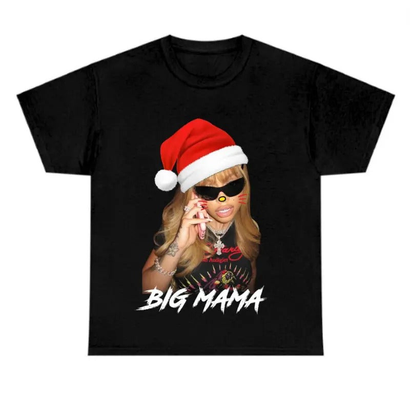 Santa Big Mama Big Face Graphic Kitty Christmas Rap Tee Shirt Streetwear Fashion