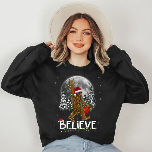 Santa Bigfoot Christmas Lights Funny Sasquatch Believe Xmas Sweatshirt