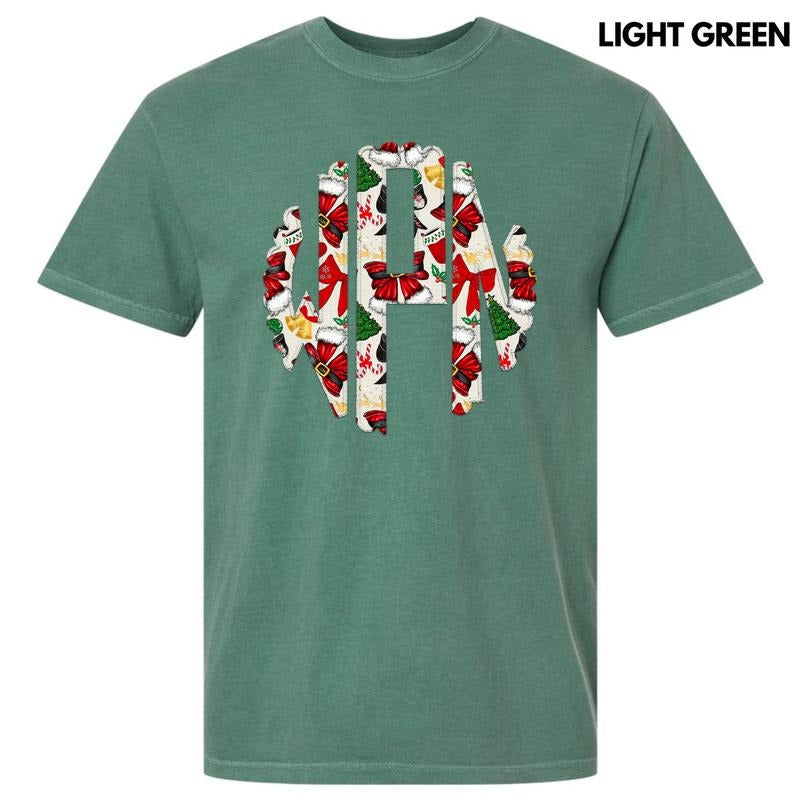 Santa Bow Theme Monogram Comfort Colors T-Shirt 'NLB' Hoodie, Sweatshirt | DripVista.com