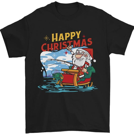 Santa Clause Fishing Funny Christmas Mens T-Shirt Cotton Made in USA