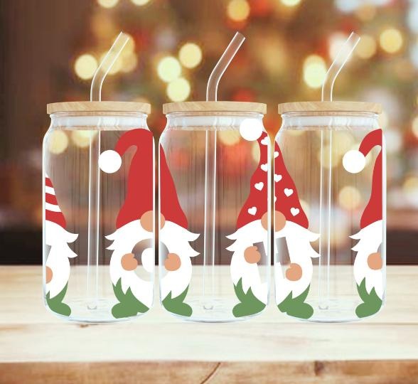 Santa Gnomes | 16 oz Glass with Permanent Vinyl Wrap T-Shirts, Hoodie, Sweatshirt | DripVista.com