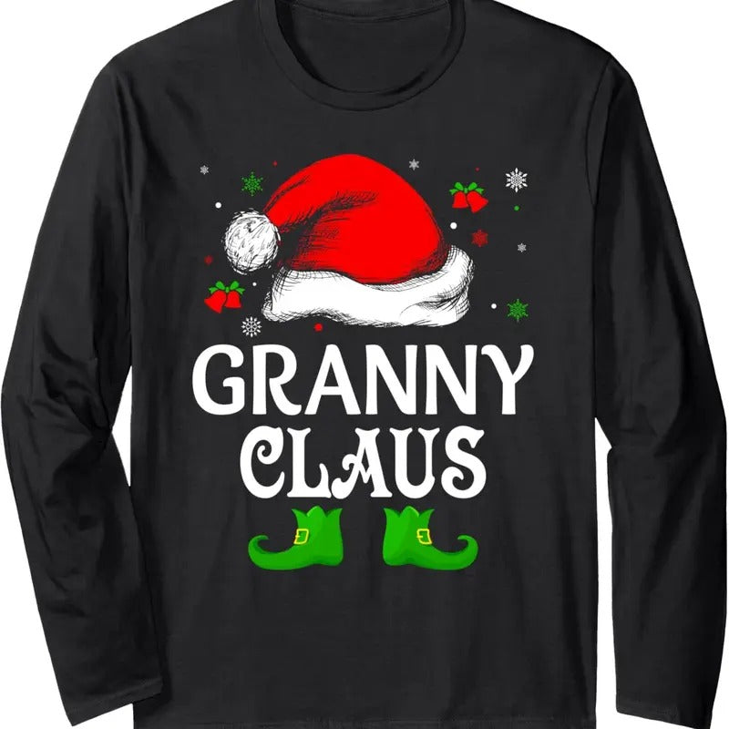 Santa Hat Granny Claus Elf Funny Ugly Christmas Sweater Long Sleeve T-Shirt