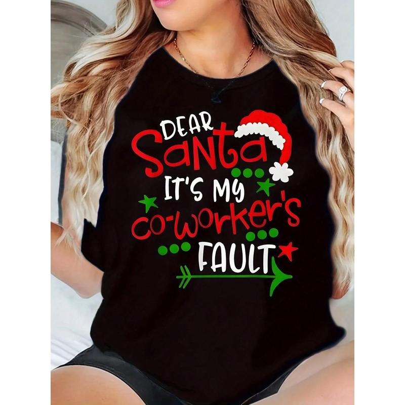 Santa Hat Print Dear Santa Mouthless cat'WB shield My Coworker'WB shield Fault Round Neck Christmas Gift Women Plus Size...