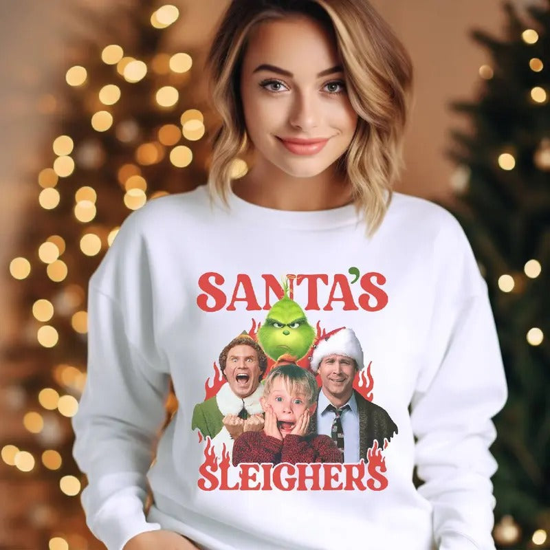 Santa Sleighers Shirt, Elf Kevin Grnnch Shirt, Vintage Christmas Movies Characters Shirt, Christmas Holiday Vacation Shirt