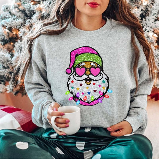 Santa With Sunglasses Sweatshirt, Trendy Pink Santa Christmas Sweater, Christmas Lights Hoodie For Woman, Cute Xmas Gift Sweater, Winter Holiday Vibes Sweatshirt.