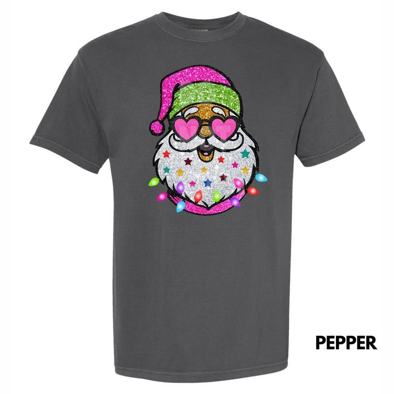 Santa With Sunnies FAKE Sequins Comfort Colors T-Shirt Hoodie, Sweatshirt | DripVista.com