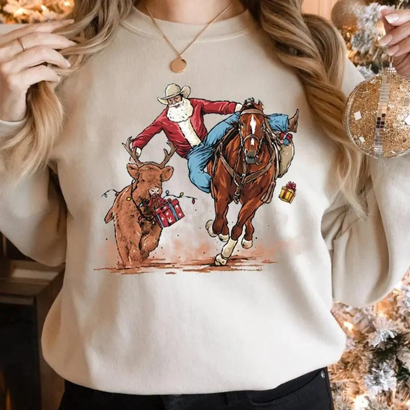 Santa bulldogging T-Shirt - Christmas Sweatshirt Hoodie For Men Forr Women | DripVista.com