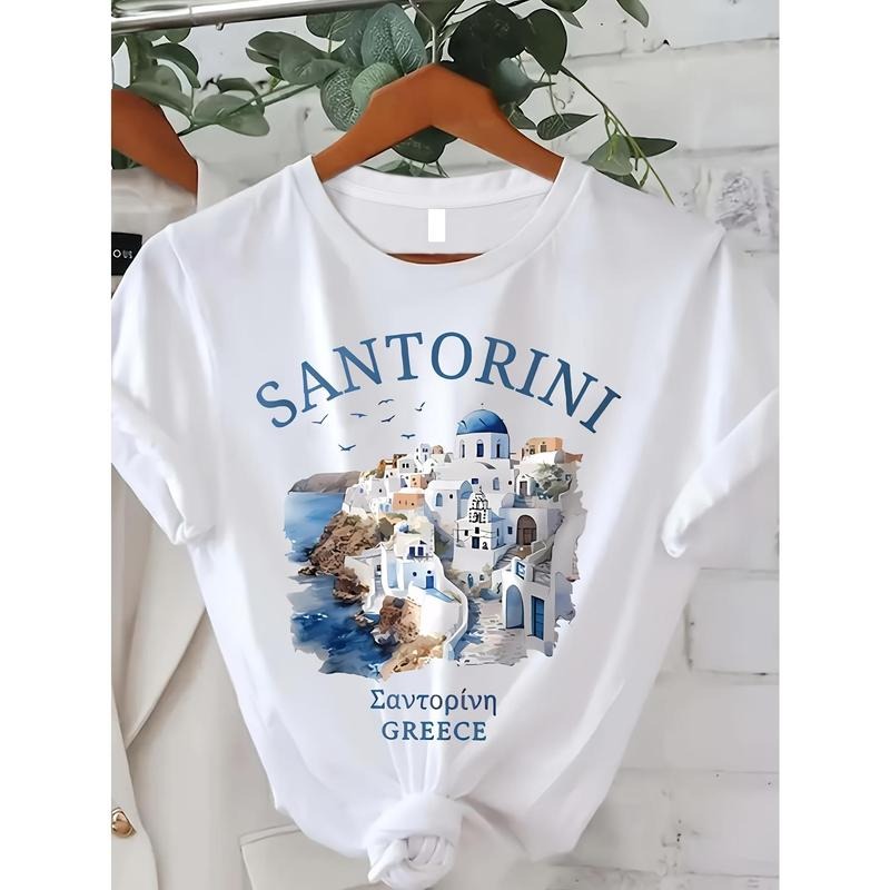 Santorini print crew neck t-shirt, summer Gunpla brand spring short sleeve casual tops, women'WB shield clothing Hoodie,...