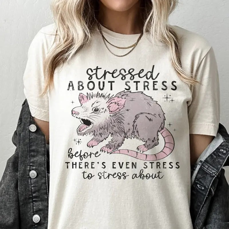 Sarcastic Tee Stressed Tshirt  Stressed about Stress T-shirt Anxiety Tee Funny Anxiety Top Womens Hilarious Tee Crewneck...