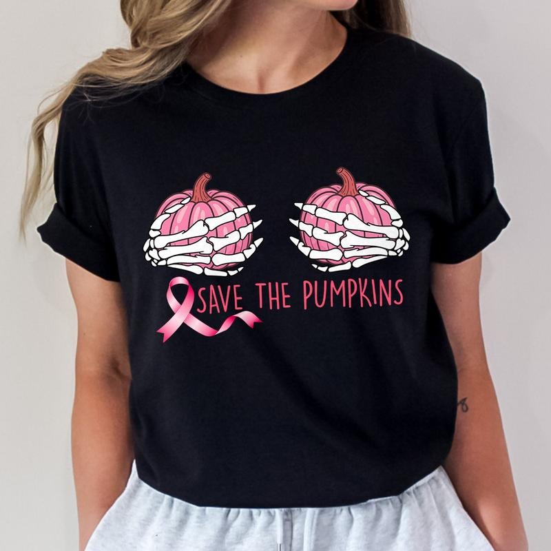 Save The Pumpkins Shirt, Breast Cancer Awareness Halloween T-Shirt, Pink Ribbon Sweatshirt, Funny October Support Top, Spooky Fall Survivor Tee