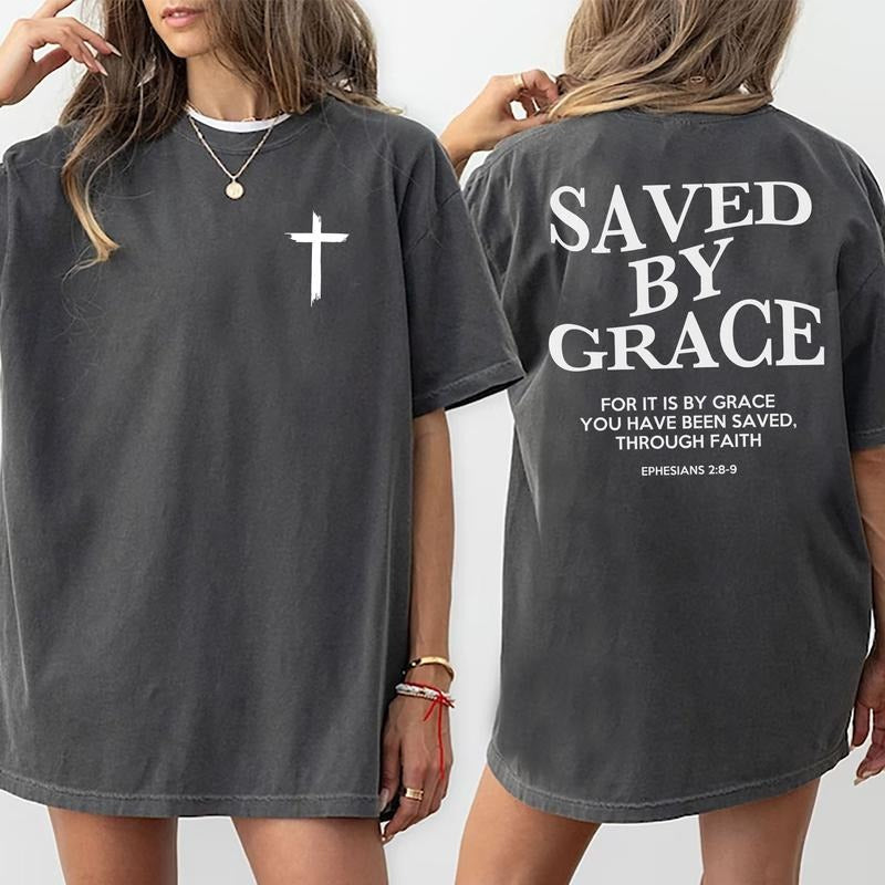 Saved By Grace 2-Sided Shirt, Aesthetic Jesus Apparel, Jesus Lover Tee, Religious Shirt, Christian God Believer Gift...