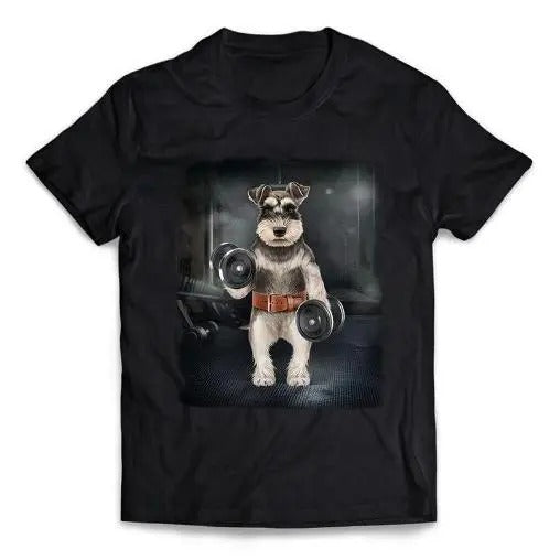 Schnauzer Dog Muscle Workout with Dumbbells at Gym - Short-Sleeve Unisex T-Shirt Made in USA