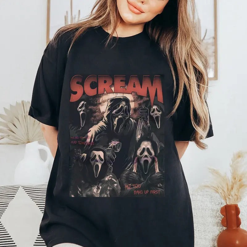 Scream No You Hang Up First  Halloween Shirt, Halloween Gift, Funny Ghostface Shirt, Halloween Tee, Gift For Festive Season Bottom Collar