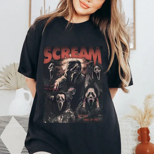 Scream No You Hang Up First  Halloween Shirt, Halloween Gift, Funny Ghostface Shirt, Halloween Tee, Gift For Festive Season Bottom Collar